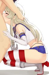 1boy 1girl ass bare_shoulders black_neckerchief blonde_hair blue_sailor_collar blue_skirt closed_eyes deepthroat elbow_gloves fellatio from_side gloves hand_in_another&#039;s_hair hands_on_another&#039;s_head highres irrumatio kantai_collection long_hair midriff miniskirt neckerchief oral pleated_skirt sailor_collar shimakaze_(kancolle) sidelocks simple_background skirt solo_focus squatting striped_clothes striped_thighhighs thighhighs viroa white_background white_gloves rating:Explicit score:671 user:danbooru