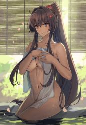 1girl breasts brown_eyes brown_hair cleavage collarbone covering_privates flower hair_flower hair_intakes hair_ornament highres holding holding_towel kantai_collection kasumi_(skchkko) large_breasts long_hair navel nude_cover parted_lips partially_submerged petals ponytail smile solo towel very_long_hair water wet yamato_(kancolle) rating:Questionable score:46 user:danbooru