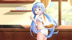 1girl amami_ami blue_eyes blue_hair blush bra breasts commission flat_chest flower food hair_flower hair_ornament highres indie_virtual_youtuber kitchen long_hair looking_at_viewer only open_mouth panties prism_project rainbow small_breasts solo sunlight thighs thumbs_up tree underwear virtual_youtuber white_bra white_panties window