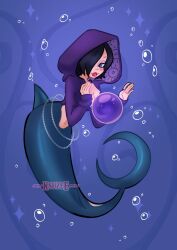  1girl artist_name belly_chain black_hair blue_eyes bubble commentary english_commentary eyeshadow fish_girl hair_over_one_eye highres hood hoodie jewelry ksuzee long_sleeves madame_shirley makeup one_piece purple_hoodie purple_nails red_lips shark_girl short_hair solo sparkle underwater 