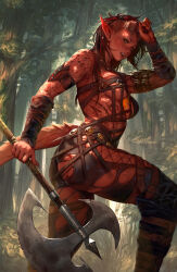  1girl aleriia_v ass axe baldur&#039;s_gate baldur&#039;s_gate_3 black_hair broken_horn colored_skin demon_girl demon_horns demon_tail dungeons_&amp;_dragons feet_out_of_frame forest from_side highres holding holding_axe horns karlach long_hair looking_at_viewer muscular muscular_female nature outdoors pointy_ears red_hair red_skin solo tail tiefling  rating:Sensitive score:40 user:danbooru