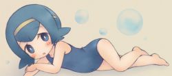  1girl aged_down barefoot blue_eyes blue_hair blush bright_pupils bubble child commentary_request covered_navel creatures_(company) game_freak hairband kabisuke lana_(pokemon) lying nintendo no_sclera on_side one-piece_swimsuit parted_lips pokemon pokemon_sm school_swimsuit short_hair solo swimsuit white_pupils yellow_hairband 