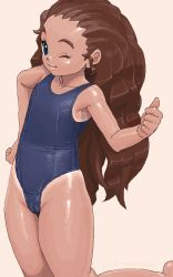  1girl artist_request blush brown_hair cameltoe flat_chest from_above loli long_hair one_eye_closed solo standing tagme thighs wink  rating:Questionable score:10 user:puffer_fish