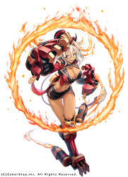  1girl absurdres black_bustier breasts cleavage coat cosmic_break dark-skinned_female dark_skin fang fire flareleon hair_between_eyes hat highres large_breasts long_sleeves looking_at_viewer mecha_musume mechanical_arms midriff monocle morizo_cs navel official_art open_clothes open_coat open_mouth red_coat white_hair yellow_eyes 