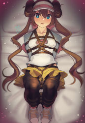 1girl absurdres arms_behind_back blue_eyes blush breasts bright_pupils brown_hair brown_pantyhose commentary commission creatures_(company) double_bun embarrassed english_commentary from_above game_freak hair_bun highres kaddo long_hair looking_at_viewer lying nintendo on_back pantyhose pantyhose_under_shorts pillow pokemon pokemon_bw2 raglan_sleeves raised_eyebrows rosa_(pokemon) shibari shibari_over_clothes shoes short_shorts shorts sneakers solo twintails visor_cap white_pupils yellow_shorts rating:Questionable score:47 user:danbooru