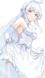 1girl absurdres bare_shoulders blue_archive blue_gemstone blunt_bangs blunt_ends blush bow breasts bright_pupils choker closed_mouth commentary_request cowboy_shot dress dress_bow elbow_gloves floating_hair foreshortening frilled_dress frills from_below gem gloves halo highres kakinox long_hair looking_at_viewer looking_down mechanical_halo medium_breasts noa_(blue_archive) purple_eyes sidelocks simple_background skirt_hold smile solo straight_hair strapless strapless_dress thighhighs very_long_hair white_background white_bow white_choker white_dress white_gloves white_hair white_pupils white_thighhighs 
