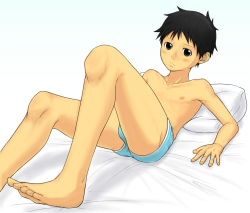 1boy bare_arms bare_legs bare_shoulders barefoot bed black_hair blush briefs bulge child fujimodoki knees_up legs lying male_focus male_underwear on_back on_bed solo topless_male underwear underwear_only rating:Questionable score:31 user:john07