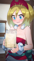  1girl bare_shoulders blonde_hair blue_eyes breasts collarbone creatures_(company) cum cum_in_container cup drooling game_freak gokkun hair_ornament highres holding holding_cup irida_(pokemon) kashu_(hizake) looking_at_object looking_down mug nintendo pokemon pokemon_legends:_arceus red_shirt saliva shirt small_breasts solo strapless sweat sweatdrop tube_top upper_body wrist_cuffs  rating:Explicit score:359 user:danbooru