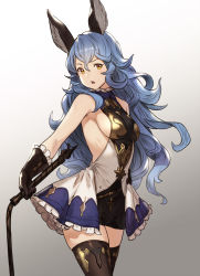 1girl animal_ears armpit_crease armpit_peek bare_shoulders blue_hair breasts brown_gloves brown_thighhighs commentary_request cowboy_shot dress erune ferry_(granblue_fantasy) frilled_gloves frills fur_trim gloves gradient_background granblue_fantasy grey_background hair_between_eyes hand_on_own_hip head_tilt highres holding holding_whip houtengeki leather leather_gloves long_hair looking_at_viewer medium_breasts open_mouth rabbit_ears sideboob skindentation solo standing teeth thighhighs thighs turtleneck upper_teeth_only very_long_hair wavy_hair whip white_background white_frills yellow_eyes zettai_ryouiki rating:Sensitive score:18 user:danbooru