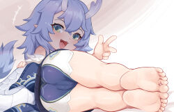  1girl aqua_eyes bailu_(honkai:_star_rail) bare_legs barefoot batazungharn blush cameltoe cleft_of_venus commentary crossed_bangs dragon_girl dragon_horns dragon_tail dress fangs female_focus from_behind full_body hair_between_eyes highres honkai:_star_rail honkai_(series) horns loli long_hair looking_at_viewer looking_back lying on_side open_mouth paid_reward_available purple_hair short_shorts shorts soles solo tail toes variant_set  rating:Questionable score:100 user:danbooru