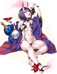  1girl ankle_ribbon arm_up bare_shoulders barefoot barefoot_sandals_(jewelry) blush breasts cle_masahiro cup eating fang fate/grand_order fate_(series) feet food fruit full_body grapes highres horns japanese_clothes kimono leg_ribbon looking_at_viewer navel no_shoes off_shoulder oni open_mouth purple_eyes purple_hair revealing_clothes ribbon sakazuki short_hair shuten_douji_(fate) shuten_douji_(first_ascension)_(fate) sitting skin-covered_horns small_breasts soles solo toeless_legwear toenails toes tongue tongue_out white_background  rating:Sensitive score:82 user:danbooru