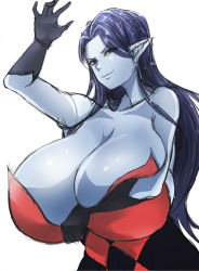 1girl :&gt; bare_shoulders blue_hair blue_skin breast_hold breasts cleavage colored_skin deep_skin dragon_quest dragon_quest_viii dress gigantic_breasts gloves hand_up long_hair ogura_anko pointy_ears simple_background smile solo standing very_long_hair white_background witch_(dragon_quest) witch_lady_(dq8) rating:Sensitive score:68 user:coldReactive