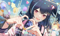  1girl amusement_park black_hair blurry blurry_background blush bow character_name facepaint hair_bow heart heart_hands idolmaster idolmaster_shiny_colors looking_at_viewer morino_rinze multicolored_nails niac one_side_up red_eyes school_uniform smile solo star_(symbol) upper_body 