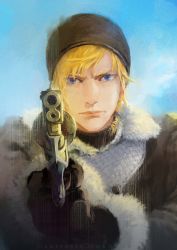 1boy absurdres aiming aiming_at_viewer beanie blonde_hair coat day ezui faux_traditional_media final_fantasy final_fantasy_xv freckles fur_coat gloves gun handgun hat highres male_focus muzzle outdoors pointillism prompto_argentum revolver solo weapon