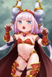  1girl absurdres alexstrasza alexstrasza_(cosplay) armor bikini_armor blue_background blue_eyes blurry blurry_background blush born-to-die breastplate cape cosplay cowboy_shot dragon_horns female_focus fingerless_gloves gauntlets gloves highres horns jewelry kanna_kamui kobayashi-san_chi_no_maidragon loli long_hair looking_at_viewer low_twintails navel necklace open_mouth purple_hair revealing_clothes shiny_skin shoulder_armor solo standing teeth tongue twintails  rating:Questionable score:210 user:DarkToonLink