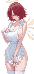  1girl absurdres alternate_breast_size alternate_costume apron arknights bare_shoulders blush breasts choker collarbone commentary_request energy_wings exusiai_(arknights) fingernails frilled_apron frills hair_over_one_eye halo highres jewelry juejue large_breasts looking_down nail_polish naked_apron nipple_slip nipples orange_eyes red_hair red_nails ring short_hair solo thighhighs white_apron white_background white_choker white_thighhighs yellow_halo yellow_wings 