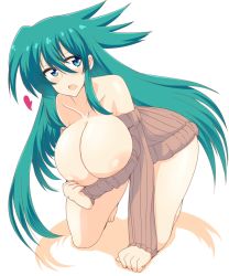  1girl all_fours aqua_eyes aqua_hair areola_slip bad_id bad_pixiv_id bare_shoulders bottomless breasts bursting_breasts female_focus heart highres huge_breasts large_areolae legs long_hair no_bra open_mouth original simple_background solo sweater wedge_(tyrl_stride) white_background  rating:Questionable score:37 user:Xander