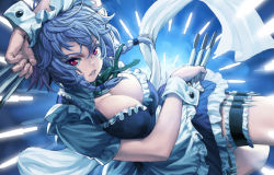 1girl arm_up between_fingers braid breasts chyko cleavage female_focus holding izayoi_sakuya knife large_breasts maid maid_headdress red_eyes silver_hair solo thigh_strap touhou twin_braids wrist_cuffs  rating:Sensitive score:24 user:danbooru