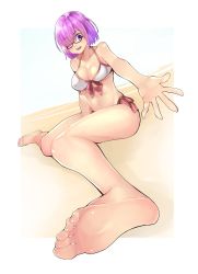 1girl barefoot beckoning bikini breasts cleavage fate/grand_order fate_(series) feet foot_focus full_body glasses hair_over_one_eye light_purple_hair looking_at_viewer mash_kyrielight medium_breasts pov purple_eyes short_hair sitting soles solo swimsuit toes rating:Sensitive score:7 user:ssfl