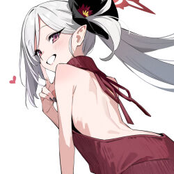  1girl alternate_costume back bare_back bare_shoulders black_flower black_nails blue_archive blush commentary fingernails flower grey_hair hair_flower hair_ornament halo heart highres long_hair looking_at_viewer meme_attire mutsuki_(blue_archive) nail_polish pink_eyes pointy_ears red_halo red_sweater side_ponytail simple_background smile solo sweater virgin_killer_sweater white_background xiaoxiao_de_kuangsan 