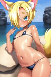  1girl animal_ear_fluff animal_ears bikini blue_eyes blue_sky blush colored_eyelashes day female_focus finger_to_cheek flat_chest fox_ears fox_girl fox_tail grin hair_over_one_eye highres horizon leaning_to_the_side loli looking_at_viewer navel ocean original outdoors rock sky smile solo swimsuit tail tan tsukinowa_mio tsurime wet  rating:Sensitive score:64 user:ponekad