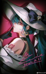  1girl absurdres bare_shoulders black_bow black_choker black_dress black_gloves blue_hair bow bra_strap chinese_commentary choker commentary_request creatures_(company) dark_miku_(project_voltage) dated dress earrings eyelashes finger_to_mouth from_behind game_freak gloves gold_earrings hat hat_belt hat_bow hatsune_miku highres hoop_earrings jewelry lace-trimmed_sleeves lace_trim long_hair long_sleeves looking_at_another looking_at_viewer mie_haha nintendo number_tattoo off-shoulder_dress off_shoulder parted_lips pink_lips pokemon project_voltage red_background red_eyes shoulder_tattoo signature simple_background solo sun_hat tattoo teeth twintails upper_body vignetting vocaloid weibo_watermark white_hat 