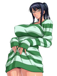  1girl alternate_hairstyle bespectacled black_hair black_panties blush breasts covered_erect_nipples dress glasses green_shirt grin hands_on_stomach high_ponytail huge_breasts kagami_hirotaka long_hair long_sleeves looking_at_viewer naughty_face nico_robin no_panties official_alternate_costume one_piece one_piece:_strong_world orange_eyes oversized_clothes panties pantyshot ponytail rimless_eyewear seductive_smile shirt sidelocks simple_background sleeves_past_wrists smile solo standing striped_clothes striped_shirt sweater sweater_dress tan thick_thighs thighs underwear upskirt white_background  rating:Questionable score:151 user:danbooru