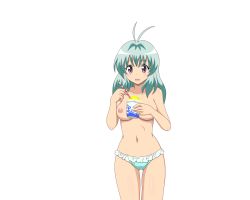 1girl bikini breasts female_focus food green_hair highres ice_cream legs long_hair nipples nude_filter open_mouth run_elsie_jewelria simple_background solo swimsuit third-party_edit to_love-ru topless rating:Explicit score:8 user:spotless