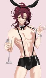  1boy black_shorts bulge cup didin_ed genshin_impact green_eyes hair_between_eyes highres holding holding_cup long_hair looking_at_viewer male_focus mole mole_under_eye muscular muscular_male navel nipples open_mouth red_hair shikanoin_heizou shorts smile solo stomach 