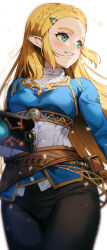  1girl absurdres belt_pouch black_pants blonde_hair blue_shirt braid breasts chyko cowboy_shot crown_braid green_eyes highres long_hair long_sleeves looking_to_the_side medium_breasts nintendo pants parted_lips pointy_ears pouch princess_zelda sheikah_slate shirt sidelocks smile solo the_legend_of_zelda the_legend_of_zelda:_breath_of_the_wild white_background 