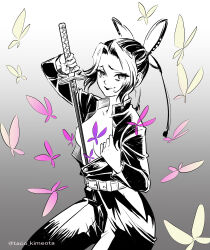  1girl arm_up belt bug butterfly butterfly_hair_ornament concealed_weapon cowboy_shot demon_slayer_uniform gradient_background hair_ornament hand_up holding holding_sword holding_weapon insect jacket katana kimetsu_no_yaiba kochou_shinobu lipstick long_sleeves looking_at_viewer makeup monochrome no_bra no_shirt one_breast_out open_clothes open_jacket pants sheath smirk solo spot_color sword taco_kimeota twitter_username unsheathing updo weapon 