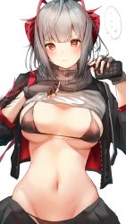  ... 1girl antennae arknights bikini black_bikini black_gloves black_jacket blush breasts clothes_lift commentary_request fingerless_gloves gloves grey_scarf grey_shirt hand_up highres holding horns jacket large_breasts looking_at_viewer nail_polish navel open_clothes open_jacket red_eyes red_nails ruwoka scarf shirt shirt_lift short_hair silver_hair simple_background solo spoken_ellipsis stomach sweat swimsuit upper_body w_(arknights) white_background  rating:Sensitive score:31 user:danbooru