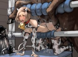 1girl @_@ ahegao all_fours animal_ears animal_print bell bestiality blonde_hair breasts collar cow cow_ears cow_horns cow_print cow_tail cowbell cum cum_in_pussy elbow_gloves fingerless_gloves gloves horns human_livestock inverto lactation medium_breasts milking milking_machine neck_bell saliva sex short_hair tail thighhighs tongue tongue_out women_livestock yellow_eyes rating:Explicit score:373 user:DoctorWasabi