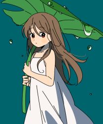  1girl aqua_background brown_eyes brown_hair closed_mouth commentary cowboy_shot dress harumaru_sk highres holding holding_leaf leaf leaf_umbrella long_hair looking_at_viewer making-of_available original simple_background sleeveless sleeveless_dress solo spaghetti_strap standing water_drop white_dress 