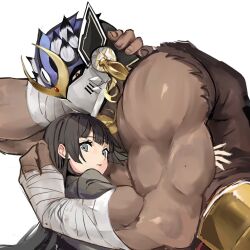  1boy 1girl bandaged_arm bandages bara brown_hair brown_shirt commentary_request dark-skinned_male dark_skin earrings grey_eyes helmet hug jewelry long_hair looking_at_viewer lying muscular muscular_male on_side parted_lips protagonist_2_(housamo) red_eyes shirt shiva_(housamo) simple_background sleeveless sleeveless_shirt tass_commuovere tokyo_houkago_summoners unfinished upper_body white_background 