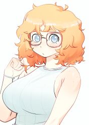  1girl :/ absurdres ahoge bare_shoulders blue_eyes blush body_freckles bracelet breasts closed_mouth colo_(nagrolaz) commentary english_commentary freckles glasses hand_up highres jewelry large_breasts medium_hair messy_hair orange_hair pink-framed_eyewear playing_with_own_hair ribbed_shirt rita_(sweethex) shirt simple_background sleeveless sleeveless_shirt solo sweethex thick_eyebrows upper_body white_background white_shirt  rating:Sensitive score:23 user:danbooru