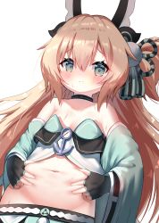  1girl anchor azur_lane bare_shoulders belly_grab black_gloves blonde_hair blush breasts closed_mouth collarbone detached_sleeves fingerless_gloves gloves green_eyes green_sleeves groin hair_between_eyes highres horns loli long_hair long_sleeves looking_at_viewer navel siera_(sieracitrus) simple_background small_breasts solo strapless sweat tanikaze_(azur_lane) very_long_hair white_background wide_sleeves  rating:Sensitive score:32 user:danbooru