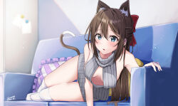  1girl absurdres animal_ears blush bow breasts breasts_apart cat_ears cat_tail commentary_request couch extra_ears furrowed_brow grey_sweater hair_between_eyes hair_bow hair_flowing_over half_updo highres indoors long_hair looking_at_viewer love_live! love_live!_nijigasaki_high_school_idol_club lowlight1010 medium_breasts meme_attire on_couch open_mouth osaka_shizuku paid_reward_available pillow red_bow sidelocks signature socks solo sweater tail virgin_killer_sweater white_socks 