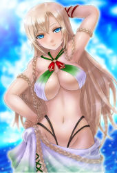  1girl armpits bikini blonde_hair blue_background blue_eyes blush boken_fantasy bracelet braid breasts cleavage closed_mouth commentary commentary_request hair_between_eyes hand_on_own_hip highres hip_focus jewelry long_hair looking_at_viewer medium_breasts navel ocean side-tie_bikini_bottom smile sofia_luna_canales solo soukai_no_privateer standing swimsuit towel very_long_hair 