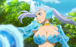  armor armored_dress bikini_armor black_clover breasts huge_breasts large_breasts noelle_silva pauldrons purple_eyes silver_hair tiara twintails water weapon  rating:Questionable score:35 user:Anonstar