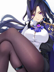  &gt;:( 1girl absurdres blue_cape breasts button_gap cape clorinde_(genshin_impact) crossed_legs earrings feet_out_of_frame framed_breasts genshin_impact gloves hat highres jewelry large_breasts legs long_hair looking_at_viewer pantyhose purple_eyes purple_hair shirt simple_background sitting solo thigh_strap thighs tricorne ura_(hamburg_oniku) v-shaped_eyebrows very_long_hair white_background white_gloves white_shirt 