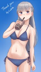  1girl arm_at_side artist_name bikini blue_background blue_bikini blue_eyes blunt_bangs blush braid breasts bubble_tea cleavage commentary commission cowboy_shot cup drink drinking_straw fingernails gluteal_fold gradient_background grey_hair half_updo hand_up highres holding holding_drink lawine_(sousou_no_frieren) long_hair looking_at_viewer low-tied_long_hair medium_breasts navel side-tie_bikini_bottom simple_background skeb_commission solo sousou_no_frieren stomach straight_hair swimsuit syagare thank_you very_long_hair 