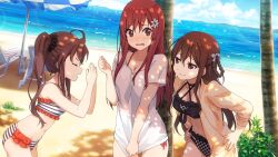  22/7 22/7_ongaku_no_jikan 3girls beach beach_chair beach_umbrella bikini black_bikini blue_sky blurry breasts brown_bikini brown_eyes brown_hair brown_scrunchie checkered_bikini checkered_clothes cleavage clenched_hand closed_eyes closed_mouth cloud collarbone depth_of_field embarrassed flower frilled_bikini frills game_cg hair_flower hair_ornament hair_scrunchie hands_on_own_hips highres leaning_forward lens_flare long_hair looking_at_another multiple_girls navel non-web_source ocean official_art open_mouth outdoors palms_together praying red_eyes red_hair sato_reika scrunchie shirt shirt_tug side_ponytail sidelocks sky smirk sparkle straight_hair sweatdrop swimsuit toda_jun tree_shade umbrella wavy_mouth white_flower white_shirt 