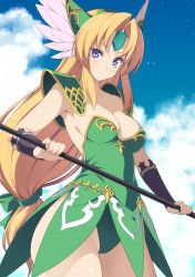  1girl armor blonde_hair blue_eyes blue_sky blush bow breasts cleavage closed_mouth cloud cloudy_sky collarbone commentary_request day dress fingernails gem gold_trim green_bow green_dress green_leotard hair_bow helmet highres holding kinoshita_ichi leotard leotard_under_clothes long_hair looking_at_viewer low-tied_long_hair medium_breasts outdoors parted_bangs polearm riesz seiken_densetsu seiken_densetsu_3 shiny_skin short_dress shoulder_armor shoulder_pads sky solo strapless strapless_dress thighs vambraces weapon winged_helmet 