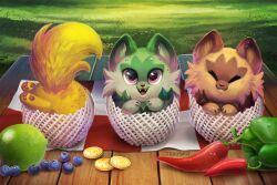 animal_focus bell_pepper blueberry coin creatures_(company) eric_proctor fang food fruit game_freak grass lime_(fruit) looking_at_viewer nintendo no_humans open_mouth pawpads pepper pink_eyes pokemon pokemon_(creature) smile sprigatito