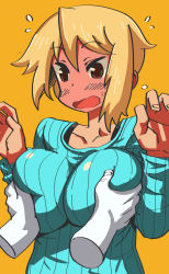 1girl bad_id bad_tumblr_id blonde_hair blush borrowed_character breasts brown_eyes collarbone deep_skin disembodied_limb female_focus full-face_blush grabbing grabbing_another&#039;s_breast highres impossible_clothes impossible_sweater large_breasts matsuda_yuusuke orange_background original ribbed_sweater short_hair smile solo_focus surprised sweater tsurime tsurime-chan rating:Questionable score:21 user:danbooru