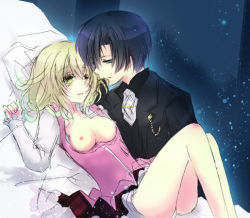 1boy 1girl black_hair blonde_hair blue_background blue_eyes breasts coat elize_lutus flat_chest formal gradient_background green_eyes open_mouth panties short_hair skirt suit tales_of_(series) tales_of_xillia tales_of_xillia_2 underwear victor_(tales) rating:Questionable score:5 user:wereAR