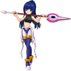  1girl alternate_costume android armpits artist_request bare_arms bare_shoulders blue_eyes blue_hair bodystocking bodysuit bodysuit_pull boots capcom full_body high_heels high_ponytail holding holding_spear holding_weapon fairy_leviathan_(mega_man) long_hair midriff navel over_shoulder partially_undressed polearm ponytail mega_man_(series) mega_man_zero_(series) simple_background solo spear standing thigh_boots thighhighs weapon weapon_over_shoulder white_background  rating:Questionable score:15 user:&Eacute;qui_Libriste
