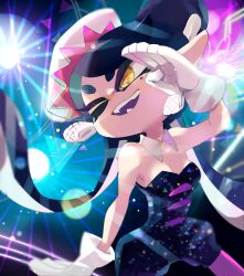  1girl ;d bare_shoulders black_hair black_jumpsuit bow-shaped_hair callie_(splatoon) detached_collar earrings food food_on_head gloves hand_up highres inkling jewelry jumpsuit koike3582 long_hair mole mole_under_eye nintendo object_on_head one_eye_closed open_mouth pantyhose pink_pantyhose pointy_ears short_jumpsuit smile solo splatoon_(series) strapless strapless_jumpsuit teeth tentacle_hair very_long_hair white_gloves yellow_eyes 