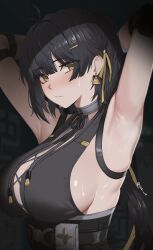  1girl :/ absurdres armpits arms_up black_background black_hair blush breasts closed_mouth earrings female_rover_(wuthering_waves) hair_ornament hairclip highres jewelry large_breasts long_hair looking_at_viewer nvl pouch rover_(wuthering_waves) sideboob simple_background solo strap sweat triangle_earrings twitter_username upper_body wuthering_waves 